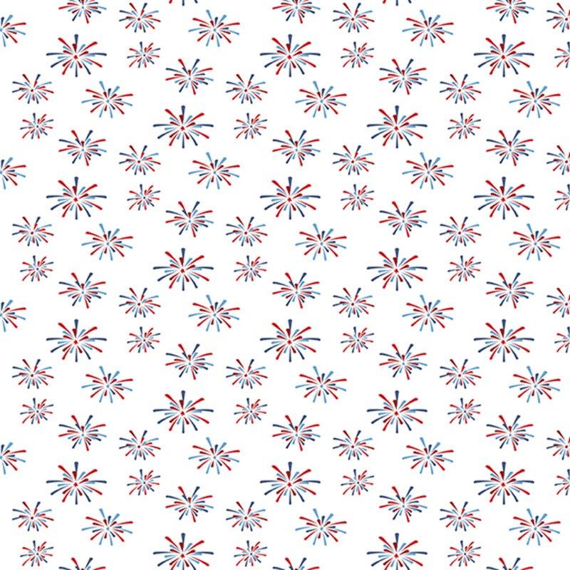 snow white fabric tossed with bursts of red and blue fireworks