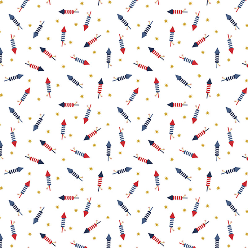 snow white fabric tossed with bottle rockets in red, white and blue amongst yellow stars