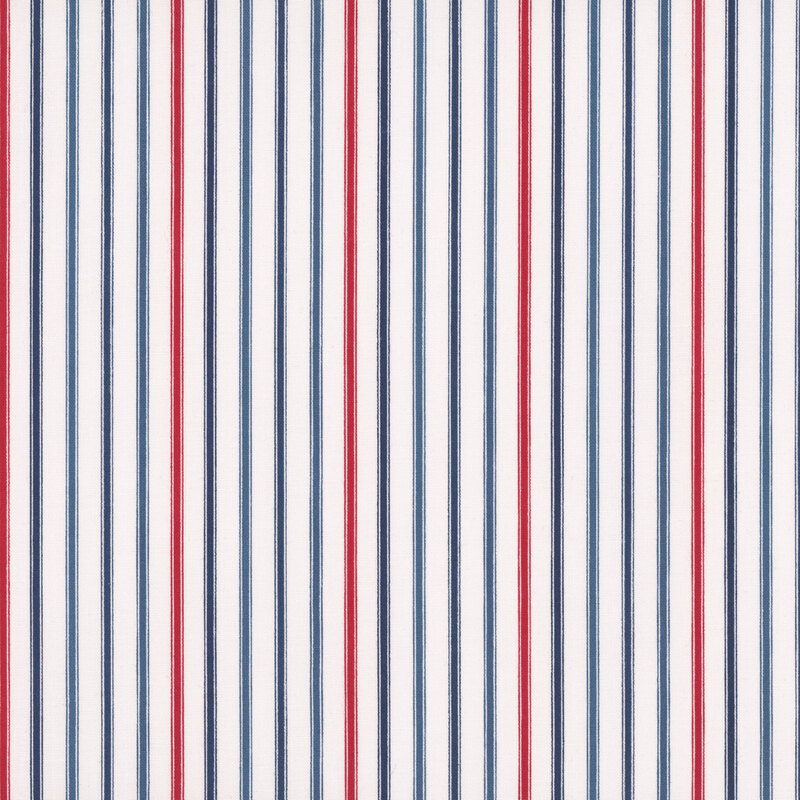 snow white fabric featuring alternating denim blue, navy blue, and red stripes