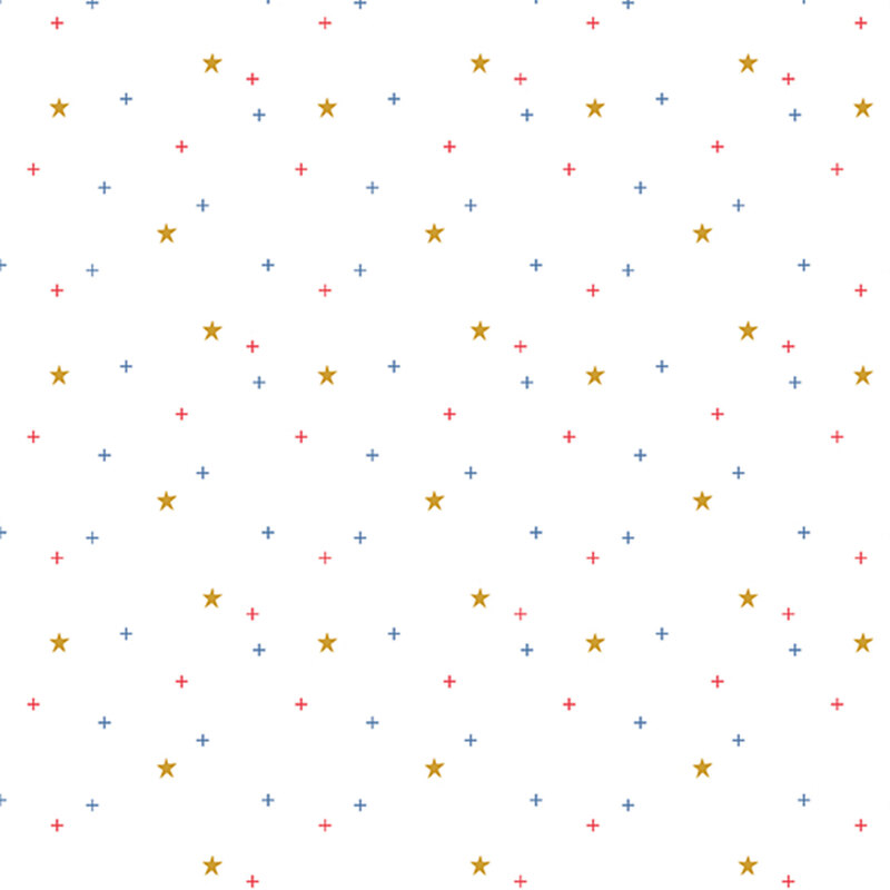 gold stars scattered with red and blue crosses on bright white fabric