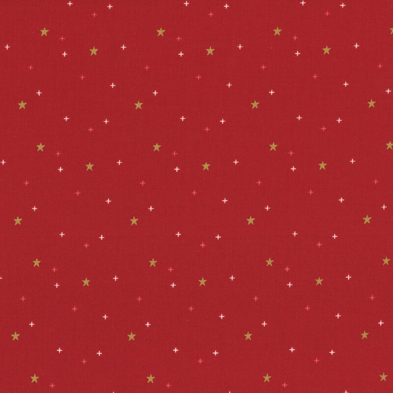 gold stars scattered with red and white crosses on red fabric