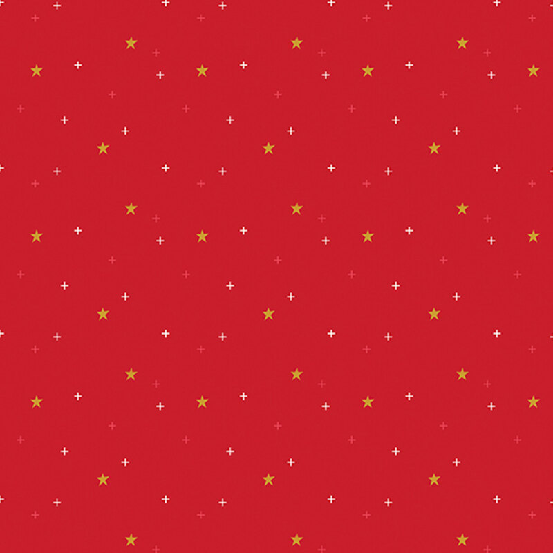 gold stars scattered with pink and white crosses on cherry red fabric