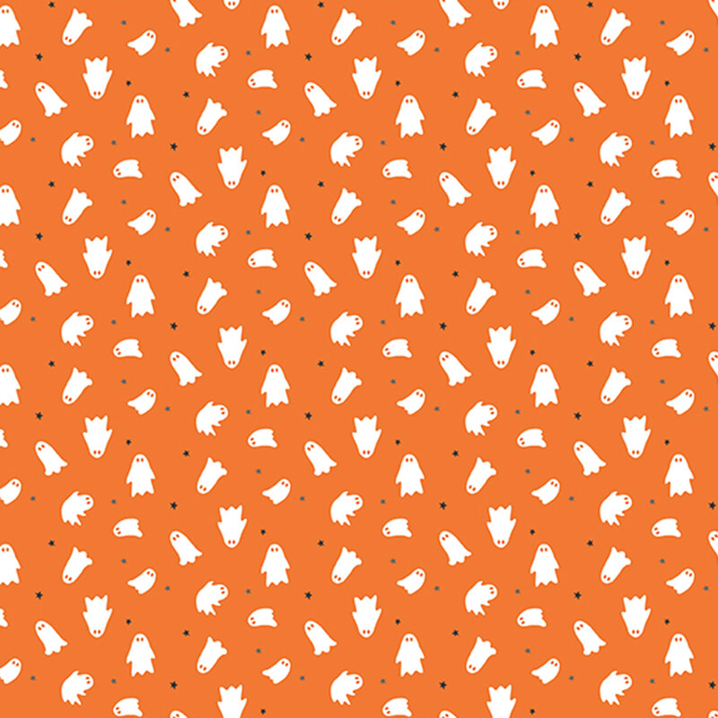 white ghosts and black and gray stars scattered on pumpkin orange fabric