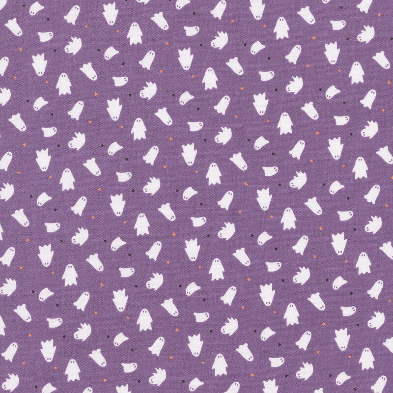 white ghosts and black and orange stars scattered on dark lavender fabric