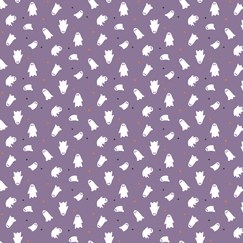 white ghosts and black and orange stars scattered on dark lavender fabric