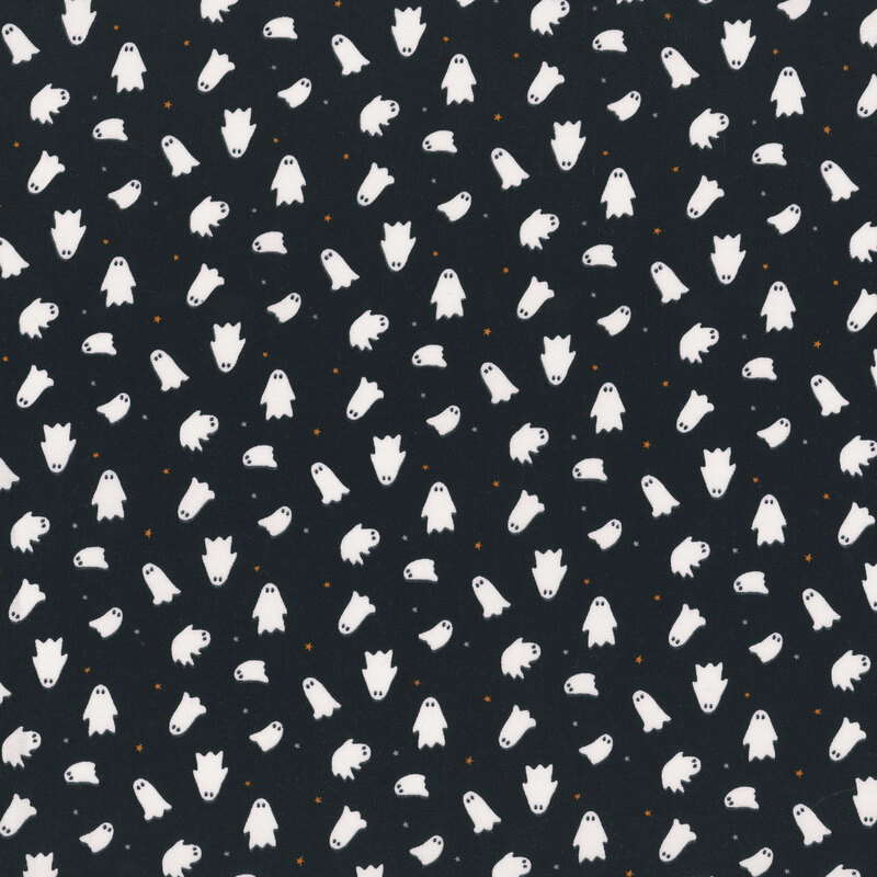 Glow in the dark white ghosts and orange and gray stars scattered on jet black fabric