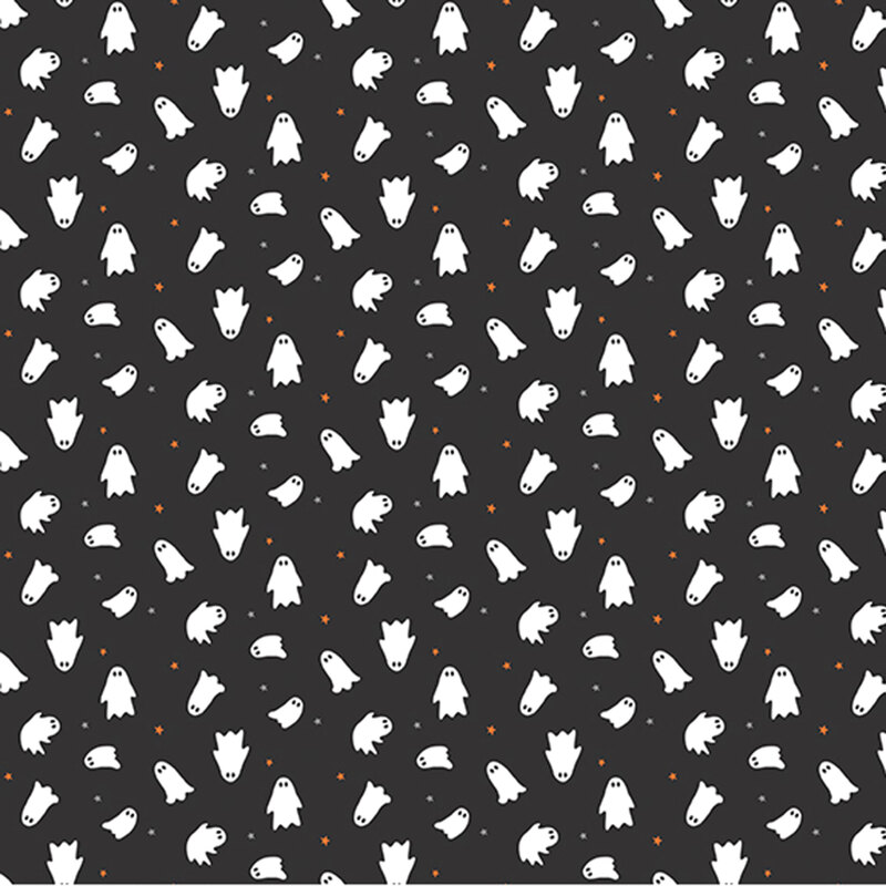 glow in the dark white ghosts and orange and gray stars scattered on jet black fabric