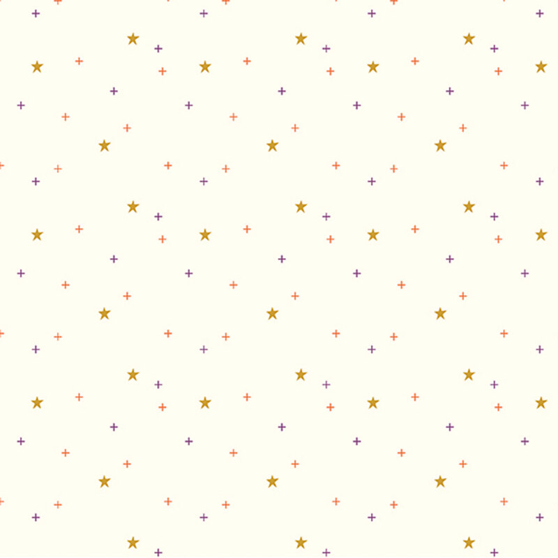 gold stars scattered with purple and orange crosses on light cream fabric