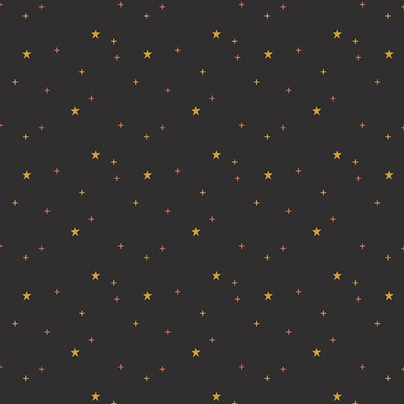 gold stars scattered with gold and orange crosses on jet black fabric