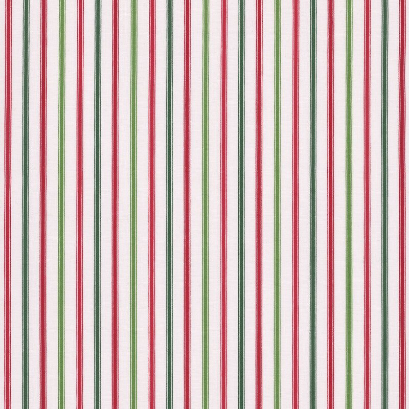 white fabric featuring alternating bright red, dark green, dark red, and light green stripes