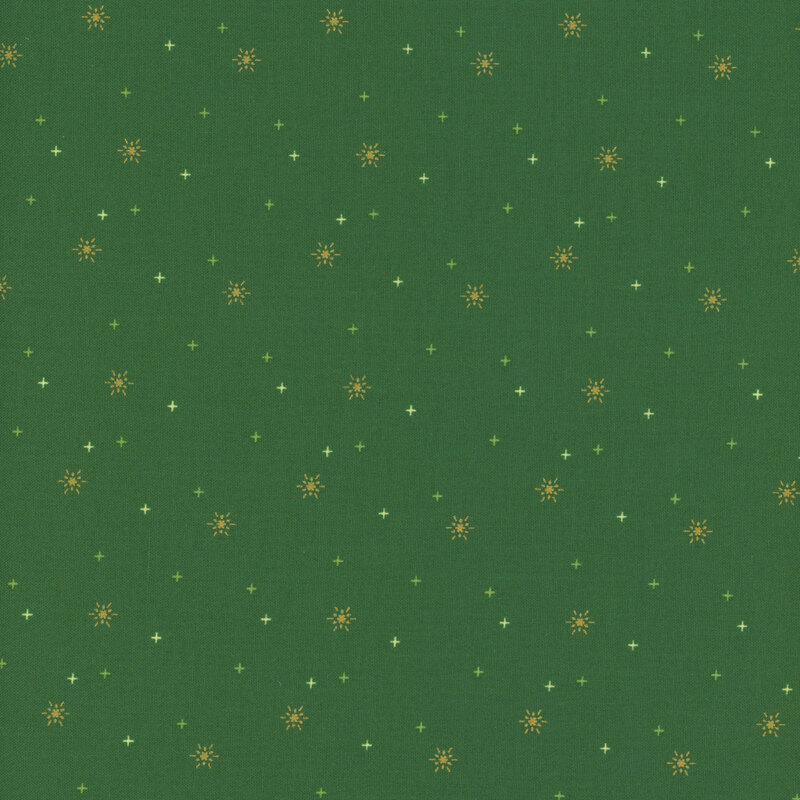 gold stars tossed with light and dark green crosses on hunter green fabric