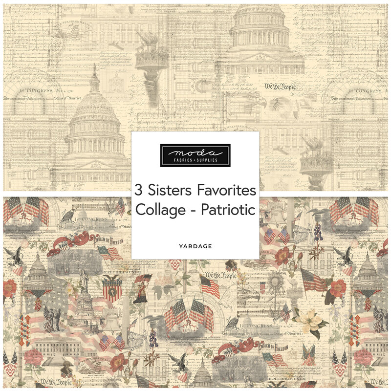 Digital collage of fabrics included in the 3 Sisters Favorites - Collages - Patriotic collection with American history themed fabrics.