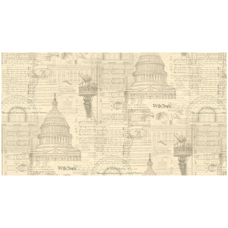 Collage image of American history, music, architecture and landmarks on beige fabric.