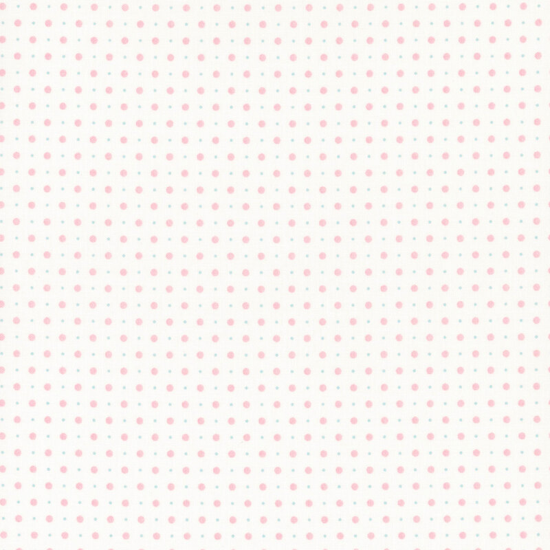 White fabric with a pattern of small and tiny, pink polka dots.