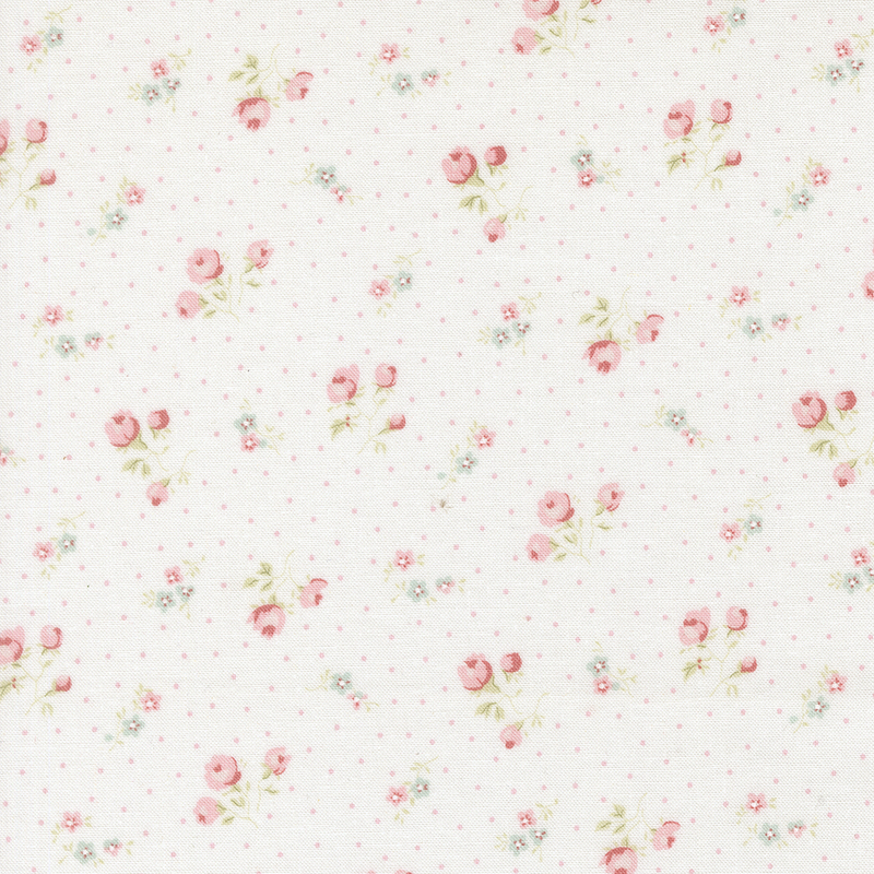 White fabric with a pattern of pindots and clusters of pink roses.