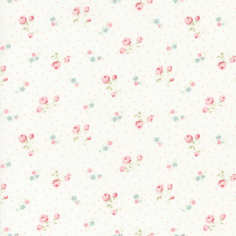 White fabric with a pattern of pindots and clusters of pink roses.