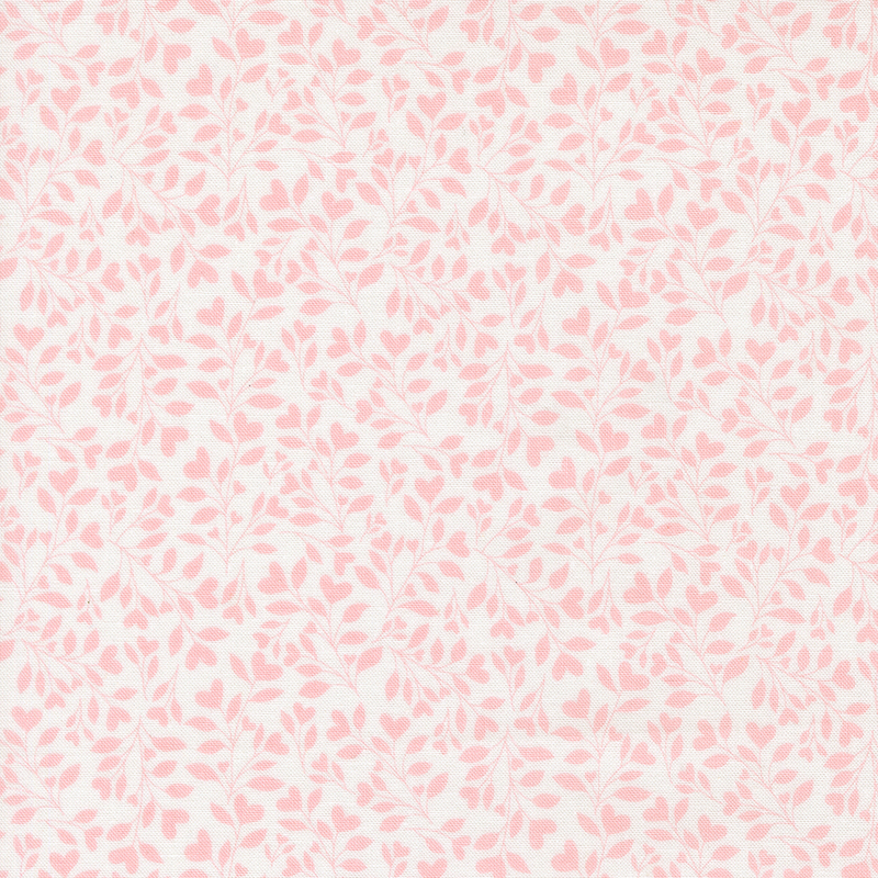 white fabric with a dense pattern of pink leaves and vines accented with subtle hearts.