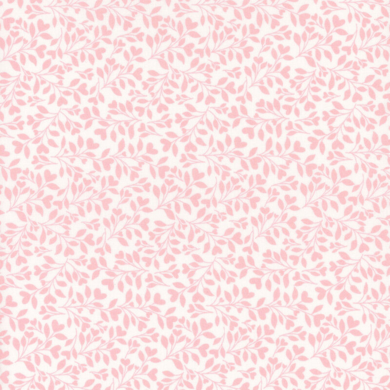 white fabric with a dense pattern of pink leaves and vines accented with subtle hearts.