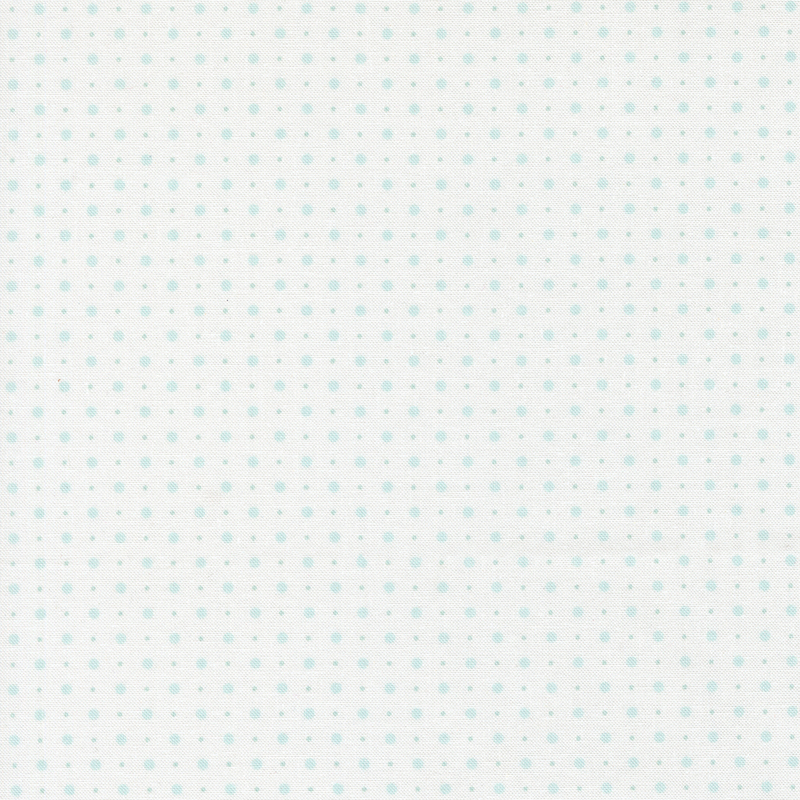 White fabric with a pattern of small and tiny light blue polka dots.