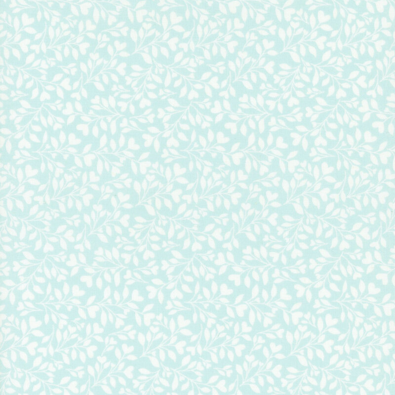 light blue fabric with a dense pattern of white leaves and vines accented with subtle hearts.