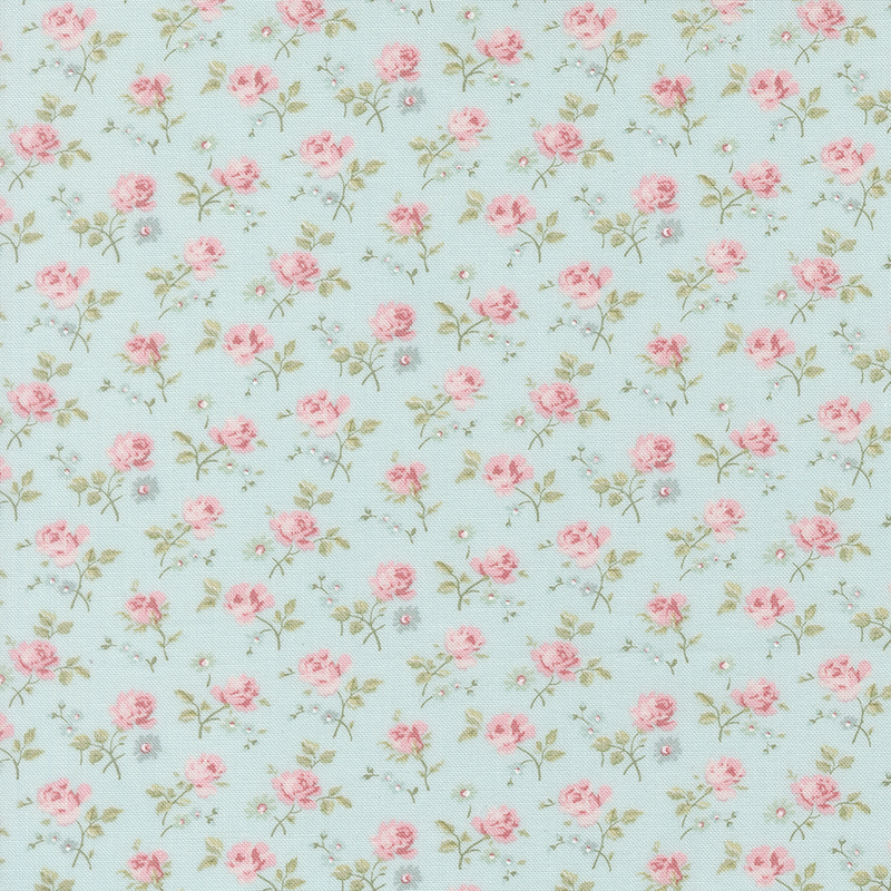 aqua fabric with a dense pattern of tossed pink roses and assorted florals.