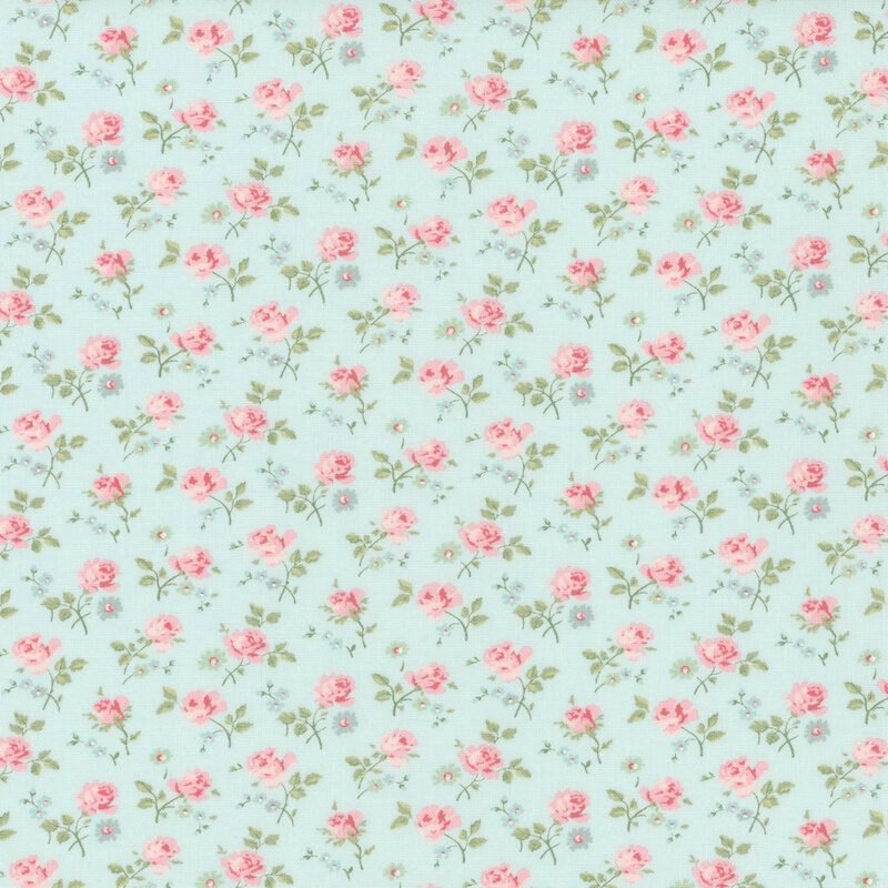 aqua fabric with a dense pattern of tossed pink roses and assorted florals.
