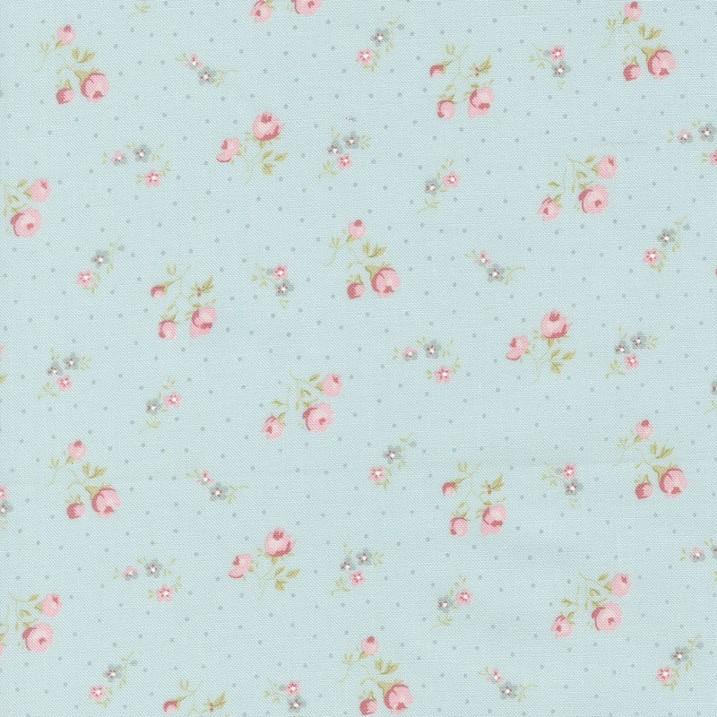 Ice blue fabric with a pattern of pindots and clusters of pink roses. 