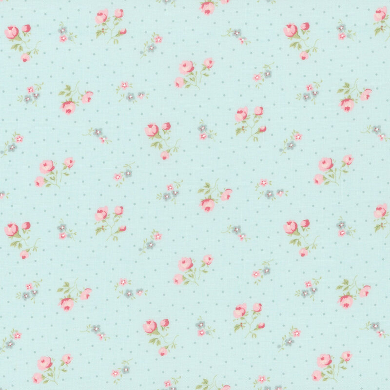 Aqua fabric with a pattern of pindots and clusters of pink roses. 