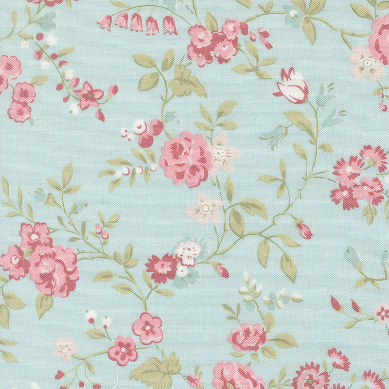 aqua fabric with a pattern of large pink and blue florals alongside green leaves.