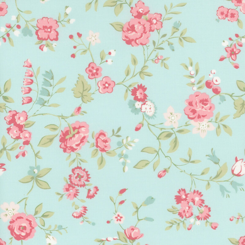Aqua fabric with a pattern of large pink and blue florals alongside green leaves.