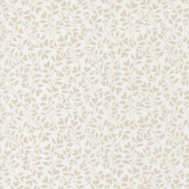 White fabric with a dense pattern of beige leaves and vines accented with subtle hearts.