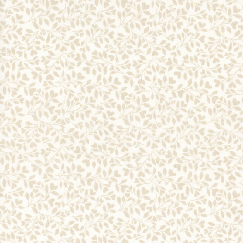White fabric with a dense pattern of beige leaves and vines accented with subtle hearts.