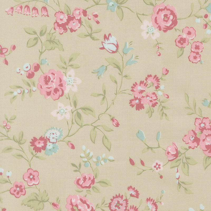 Dark beige fabric with a pattern of large pink and blue florals alongside green leaves.