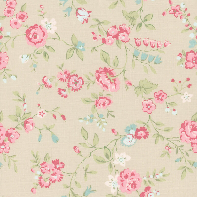 Dark beige fabric with a pattern of large pink and blue florals alongside green leaves.