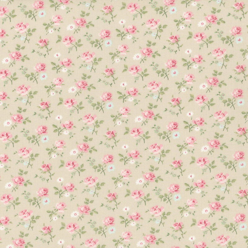 Greige fabric with a dense pattern of tossed pink roses and assorted florals.
