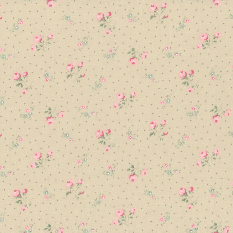 Dark beige fabric with a pattern of pindots and clusters of pink roses. 