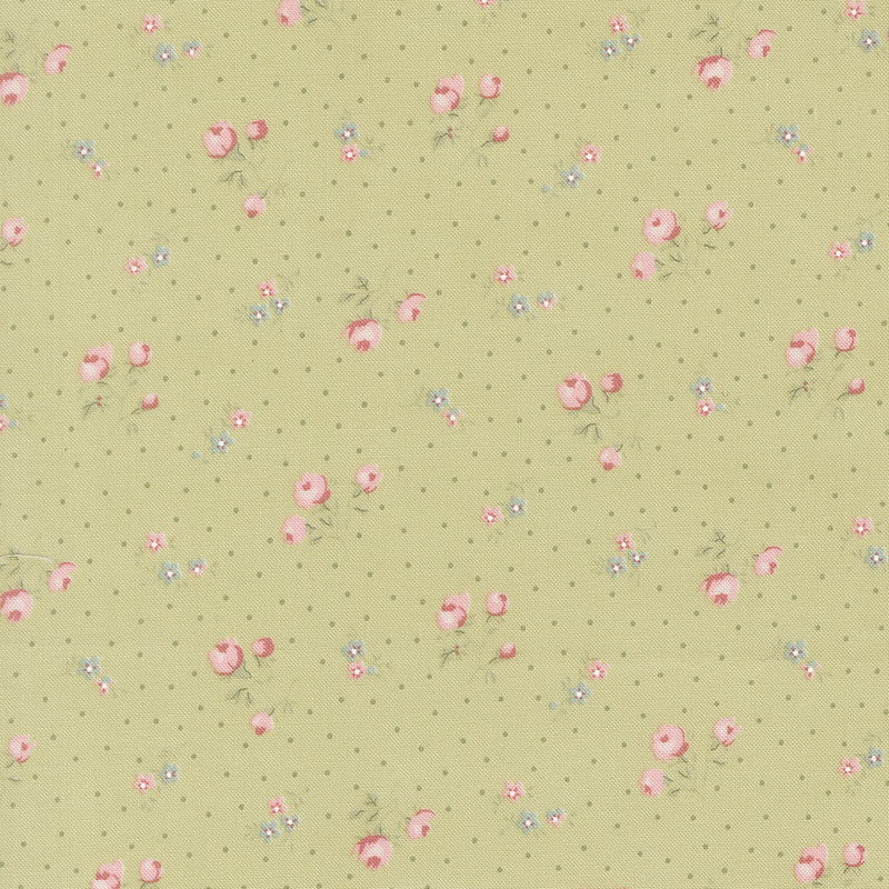 Green fabric with a pattern of pindots and clusters of pink roses. 