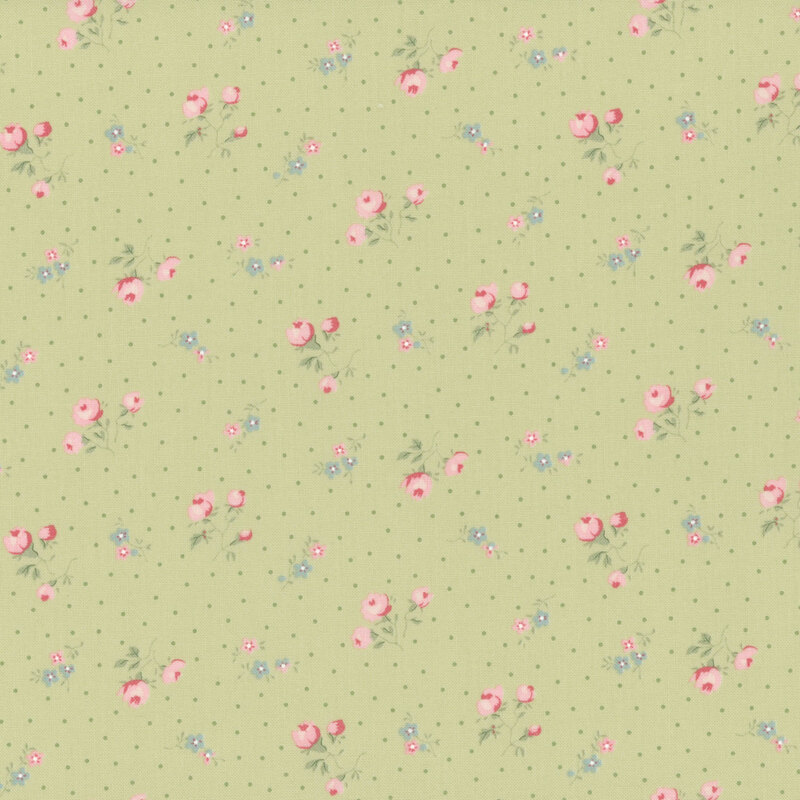Green fabric with a pattern of pindots and clusters of pink roses. 