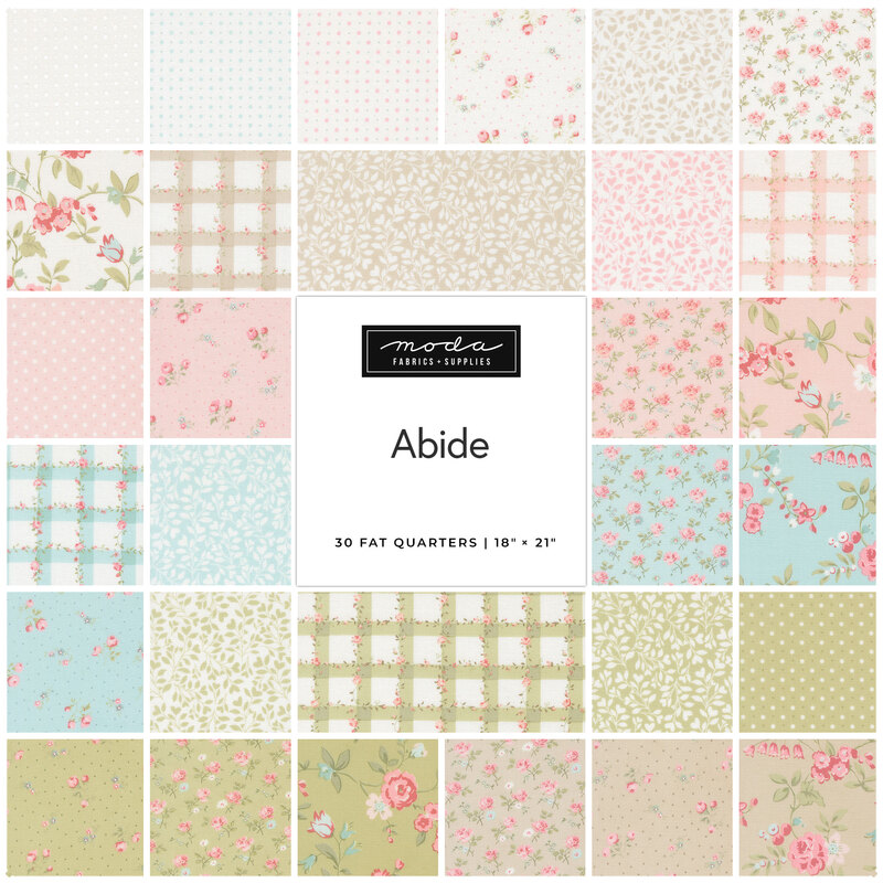 Image features 30 fabric designs in pastel colors and floral patterns, labeled Abide by Moda Fabrics.