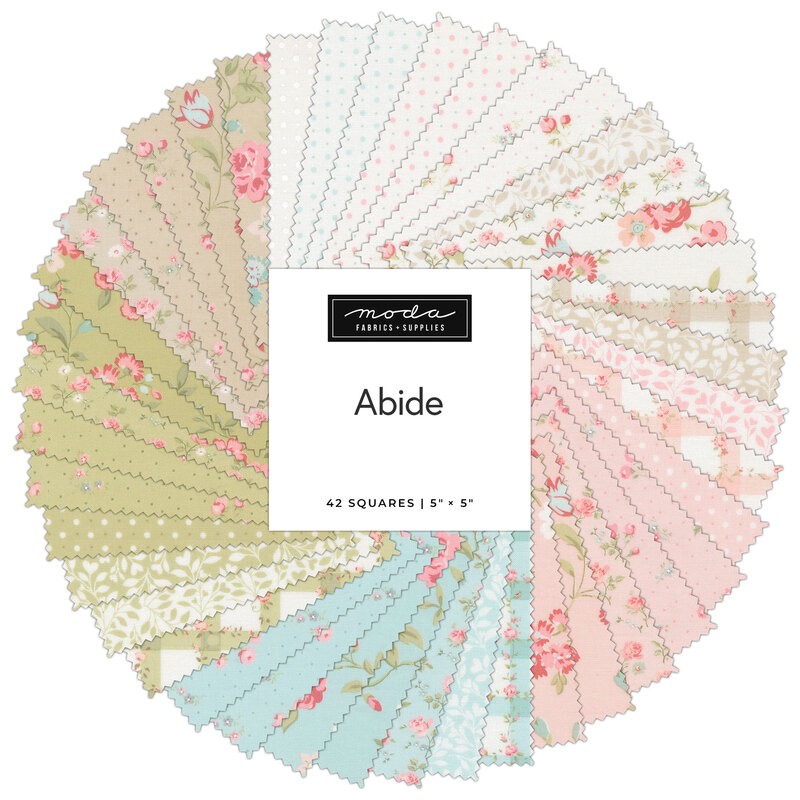 A circular arrangement of fabric squares in pastel colors and floral patterns, labeled Abide by Moda.