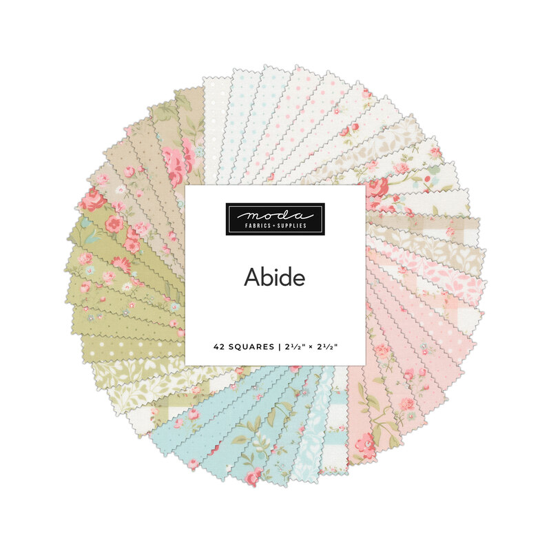 A circular arrangement of fabric squares in pastel colors with floral patterns, labeled Abide.