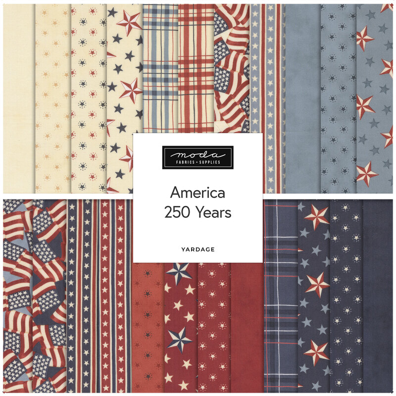 A collage of fabric patterns featuring patriotic themes, including stars and stripes, celebrating America's 250 years.