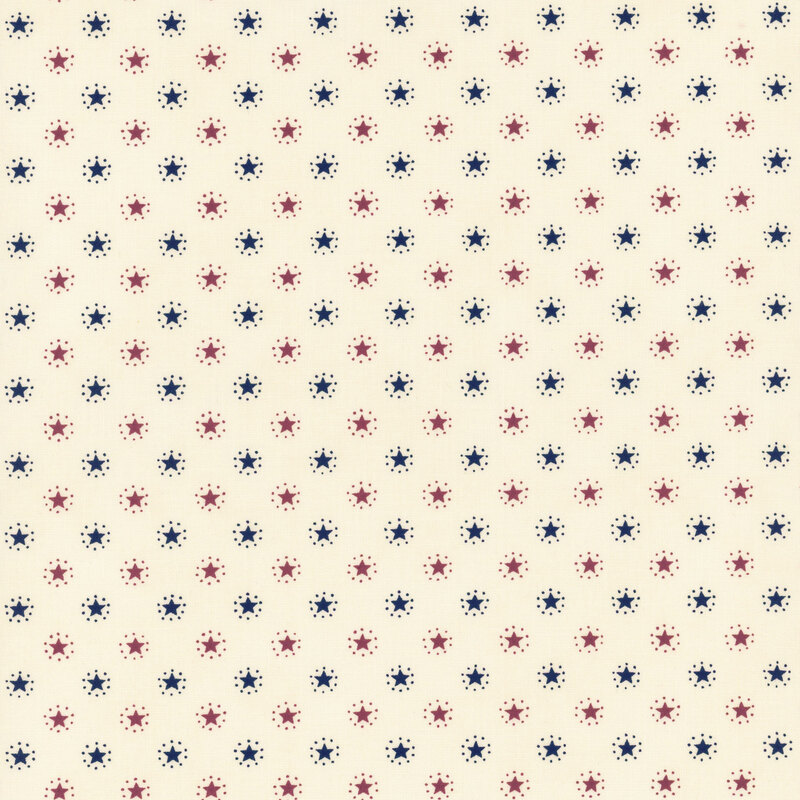 Cream fabric with an evenly spaced pattern of blue and red stars.