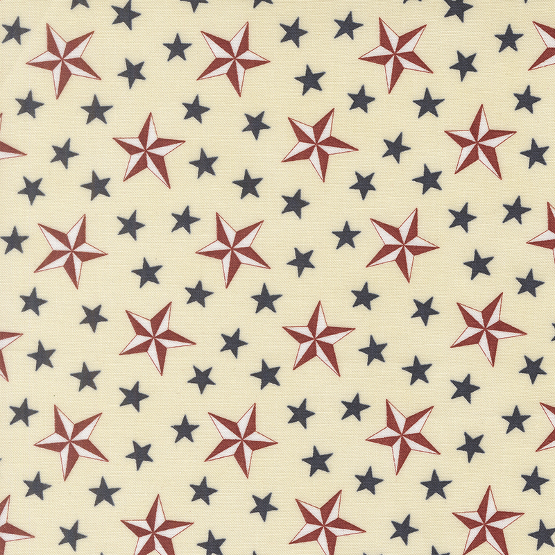 Cream fabric with a pattern of stylized stars in red, white, and blue.