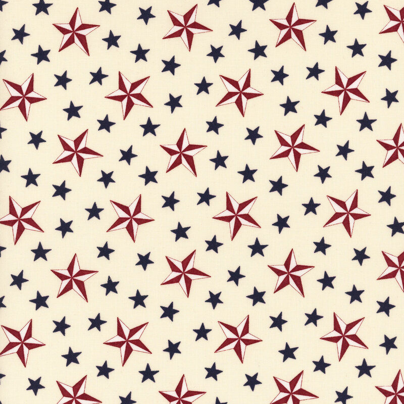 Cream fabric with a pattern of stylized stars in red, white, and blue.