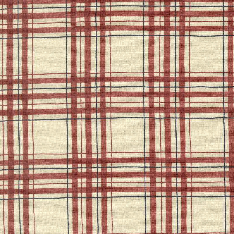 Cream fabric with a red and black plaid pattern. 