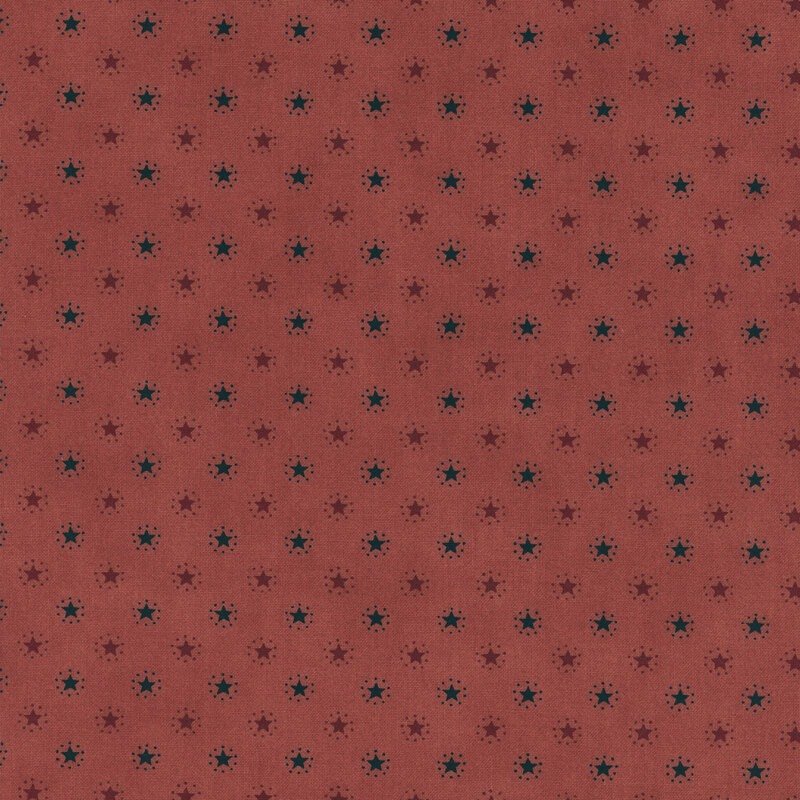 Scarlet fabric with an evenly spaced pattern of dark blue and red stars.