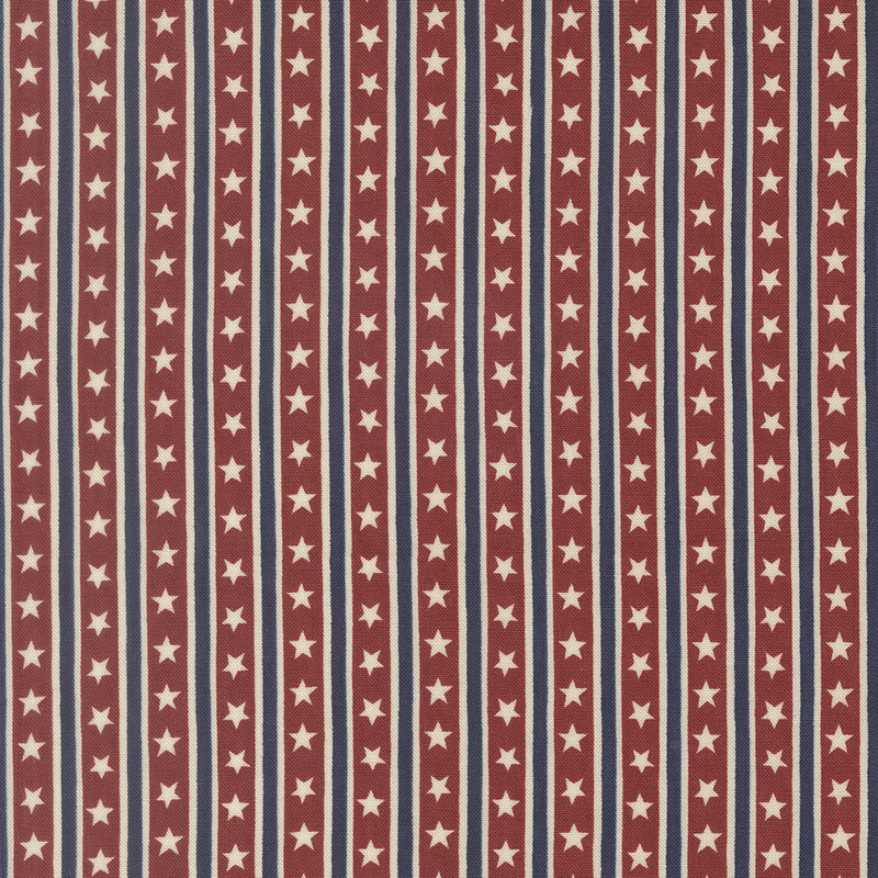 Red fabric with Americana-inspired stripes and stars.