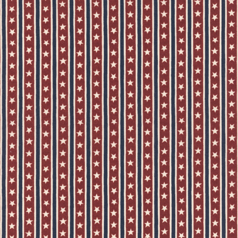 Red fabric with Americana-inspired stripes and stars.