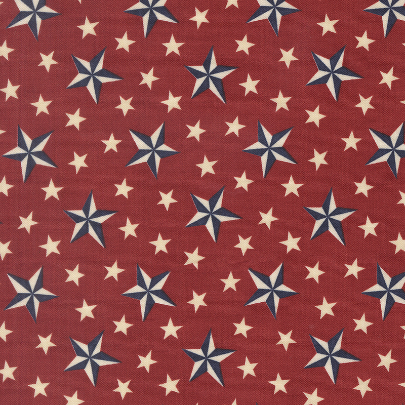 Scarlet fabric with a pattern of stylized stars in red, white, and blue.